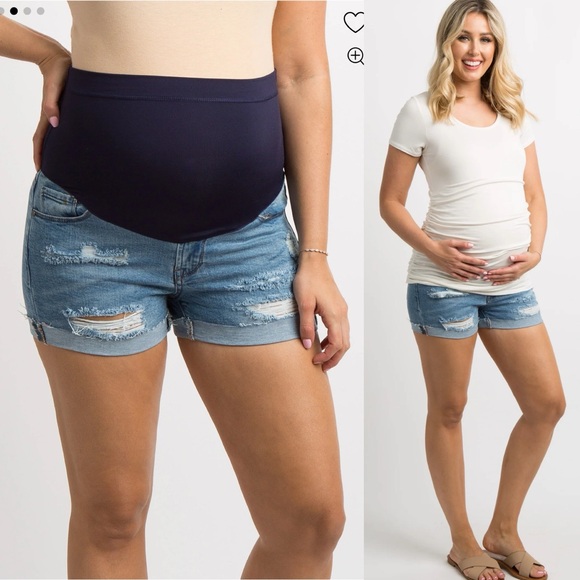 PinkBlush Light Blue Distressed Cuffed Hem Maternity Full Panel Jean Shorts - Picture 10 of 10